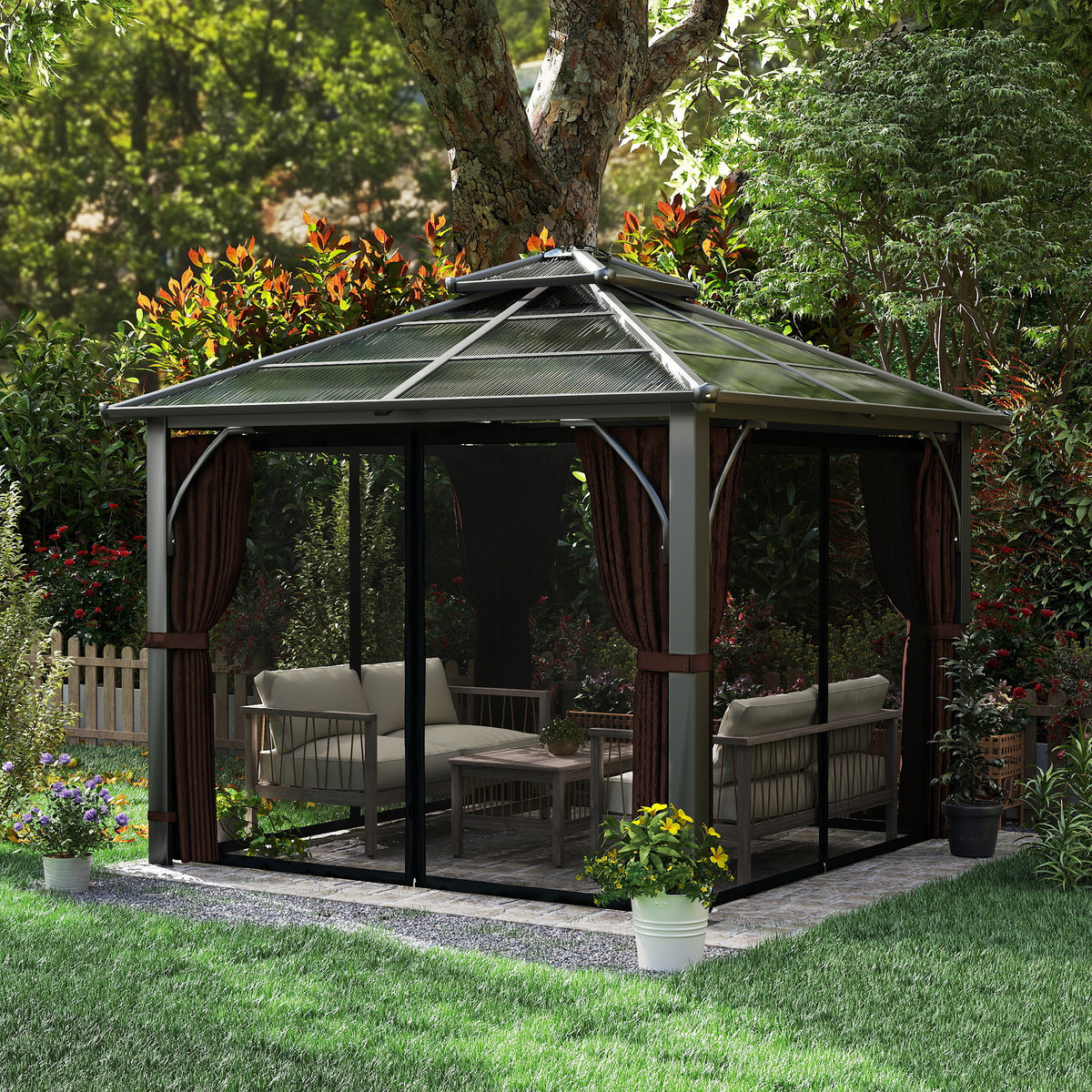 Outsunny hardtop gazebo with screened sides, brown curtains, and outdoor seating