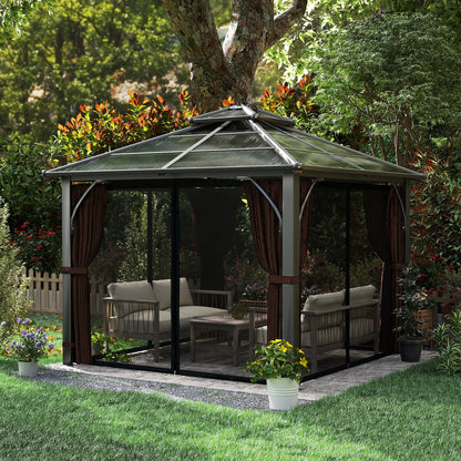 Outsunny hardtop gazebo with screened sides, brown curtains, and outdoor seating