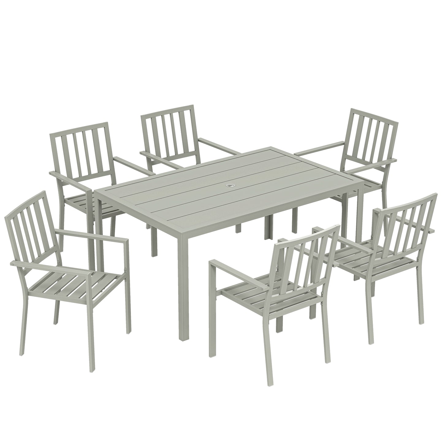 Photo of Outsunny Garden Table and Chairs for 6, 7 Pieces Garden Furniture Set with Table, 6 Stackable Chairs and Umbrella Hole Light Grey in Grey colour on a white background