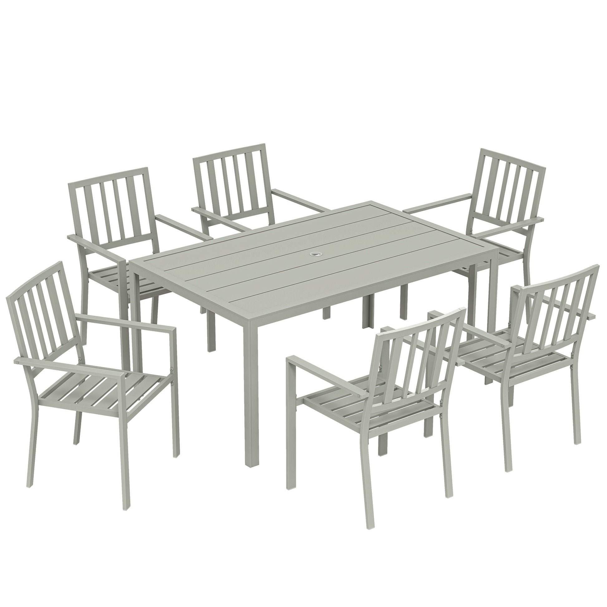Photo of Outsunny Garden Table and Chairs for 6, 7 Pieces Garden Furniture Set with Table, 6 Stackable Chairs and Umbrella Hole Light Grey in Grey colour on a white background
