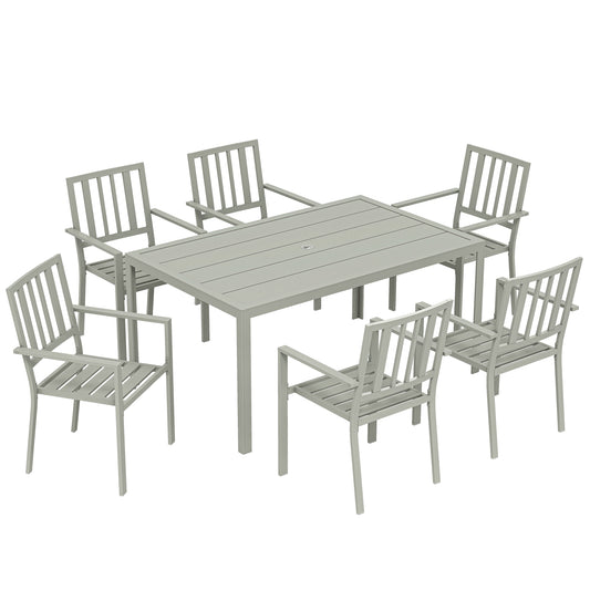 Photo of Outsunny Garden Table and Chairs for 6, 7 Pieces Garden Furniture Set with Table, 6 Stackable Chairs and Umbrella Hole Light Grey in Grey colour on a white background