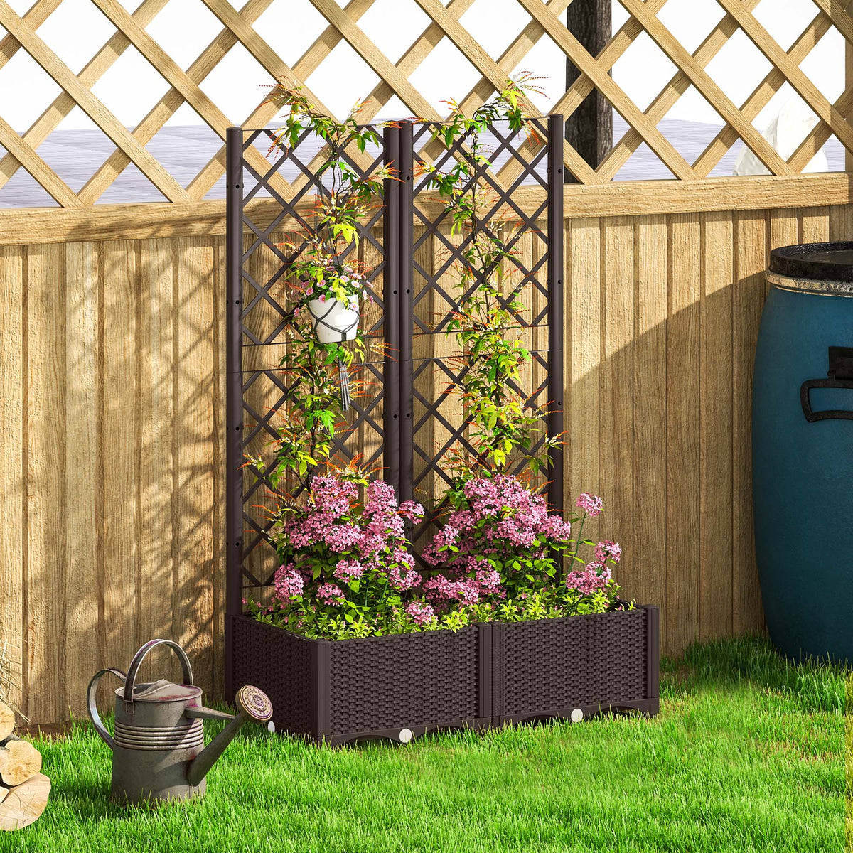 Brown raised planter bed with lattice trellis and flowering plants