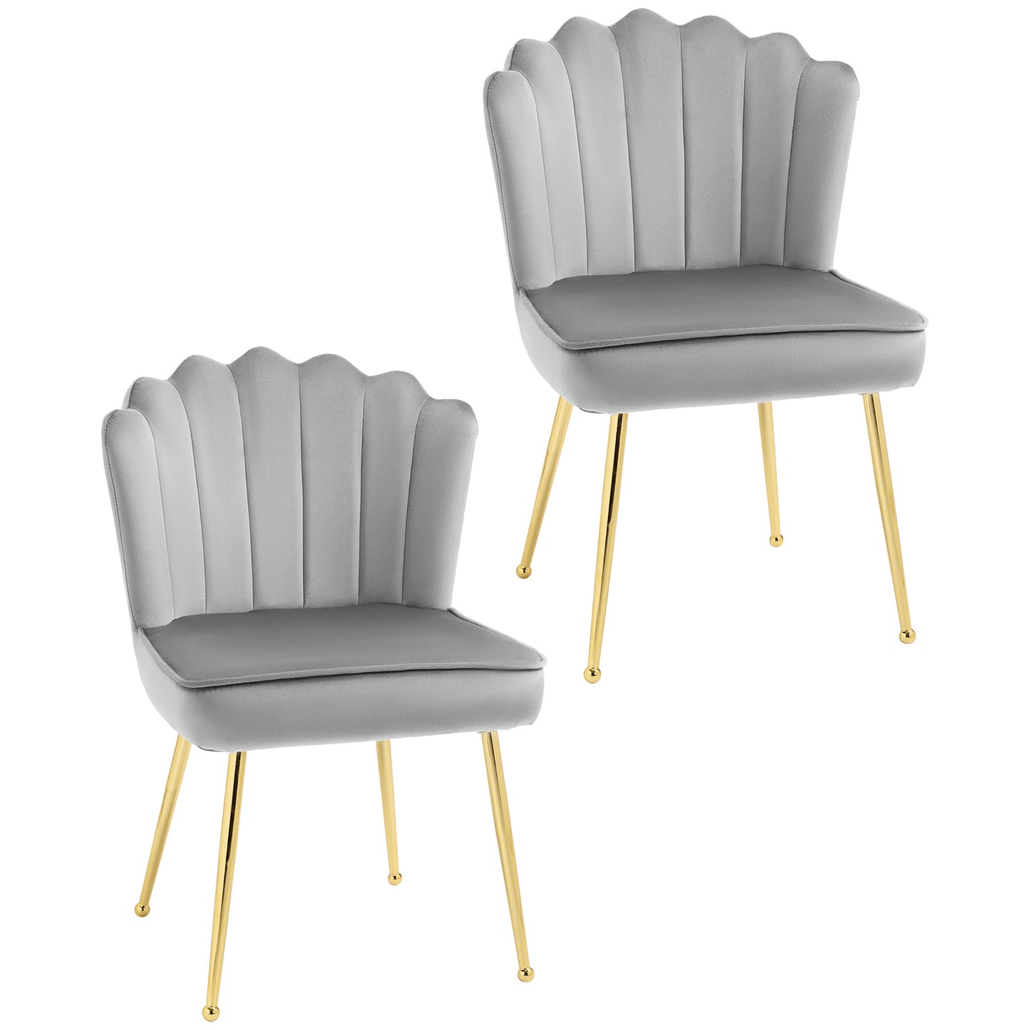 Photo of HOMCOM Shell Dining Chairs Set of 2, Upholstered Kitchen Chairs with Gold Metal Legs and Backrest, Velvet Fabric Lounge Leisure Chairs for Living Room, Reception Room, Grey in Grey colour on a white background