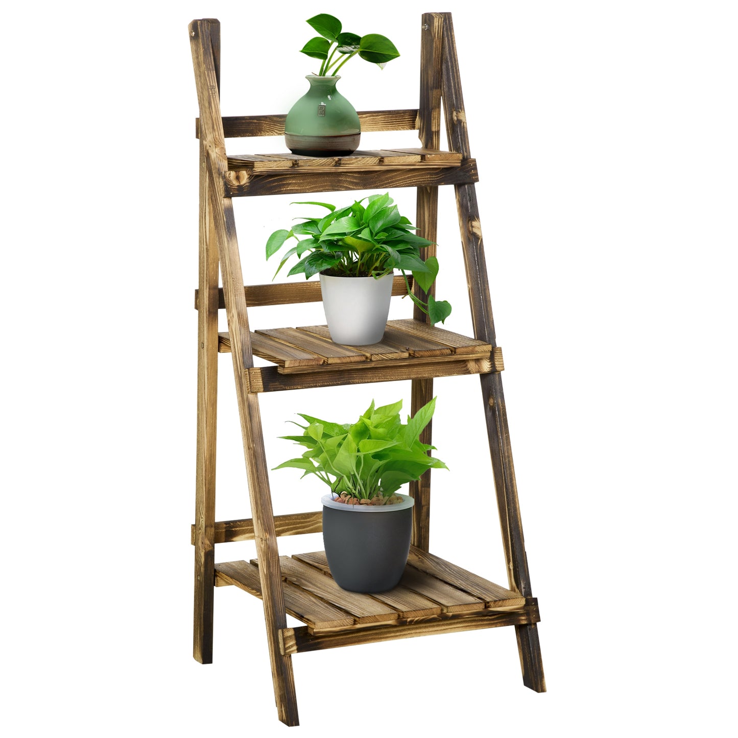 Photo of Outsunny Wooden Folding Flower Pot Stand 3 Tier Garden Planter Display Ladder Gardener Storage Shelves Rack Herb Holder (40L x 37W x 93H cm) in cm) colour on a white background