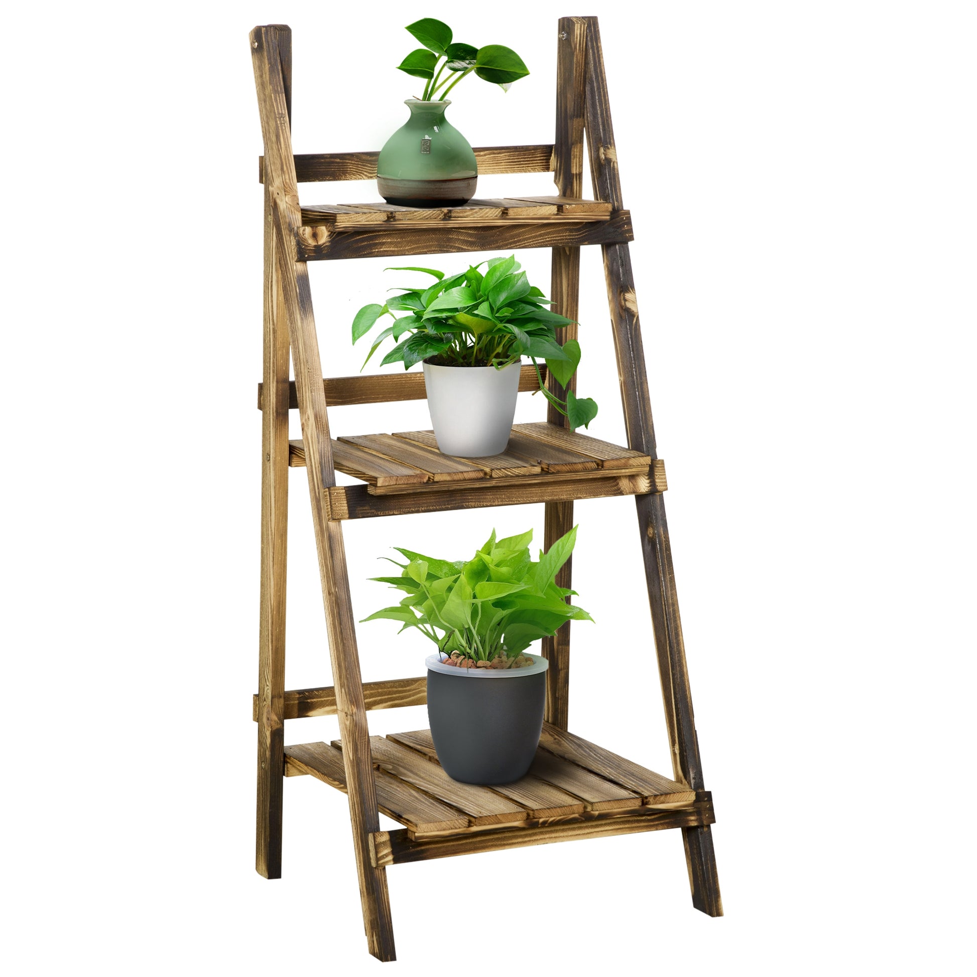 Photo of Outsunny Wooden Folding Flower Pot Stand 3 Tier Garden Planter Display Ladder Gardener Storage Shelves Rack Herb Holder (40L x 37W x 93H cm) in cm) colour on a white background