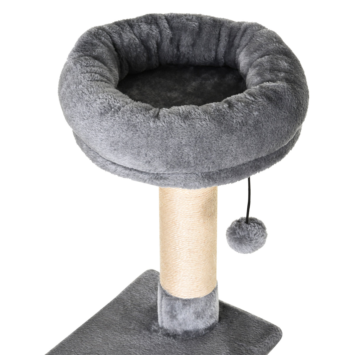 Round gray plush cat bed atop a sisal-wrapped post with hanging pom-pom toy