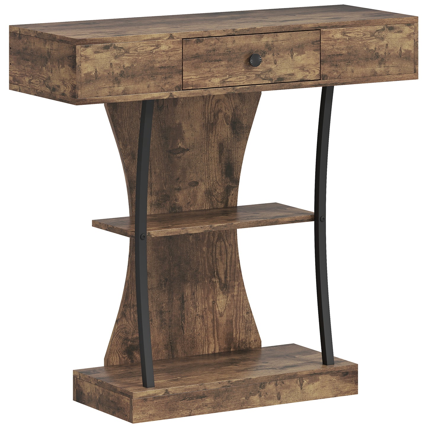 Photo of HOMCOM Console Table, 3-Tier Industrial Hallway Table with Drawer, Storage Shelves, 91 x 32 x 87 cm, Rustic Brown in Brown colour on a white background