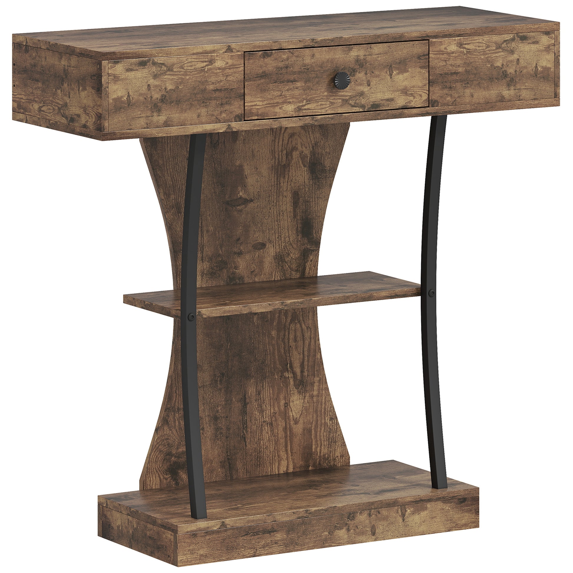 Photo of HOMCOM Console Table, 3-Tier Industrial Hallway Table with Drawer, Storage Shelves, 91 x 32 x 87 cm, Rustic Brown in Brown colour on a white background