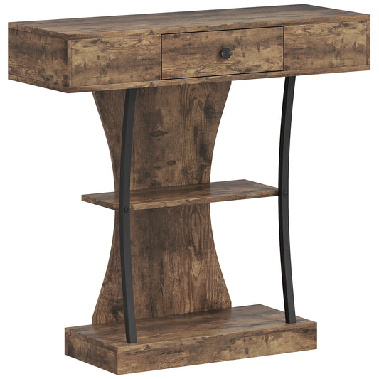 Photo of HOMCOM Console Table, 3-Tier Industrial Hallway Table with Drawer, Storage Shelves, 91 x 32 x 87 cm, Rustic Brown in Brown colour on a white background