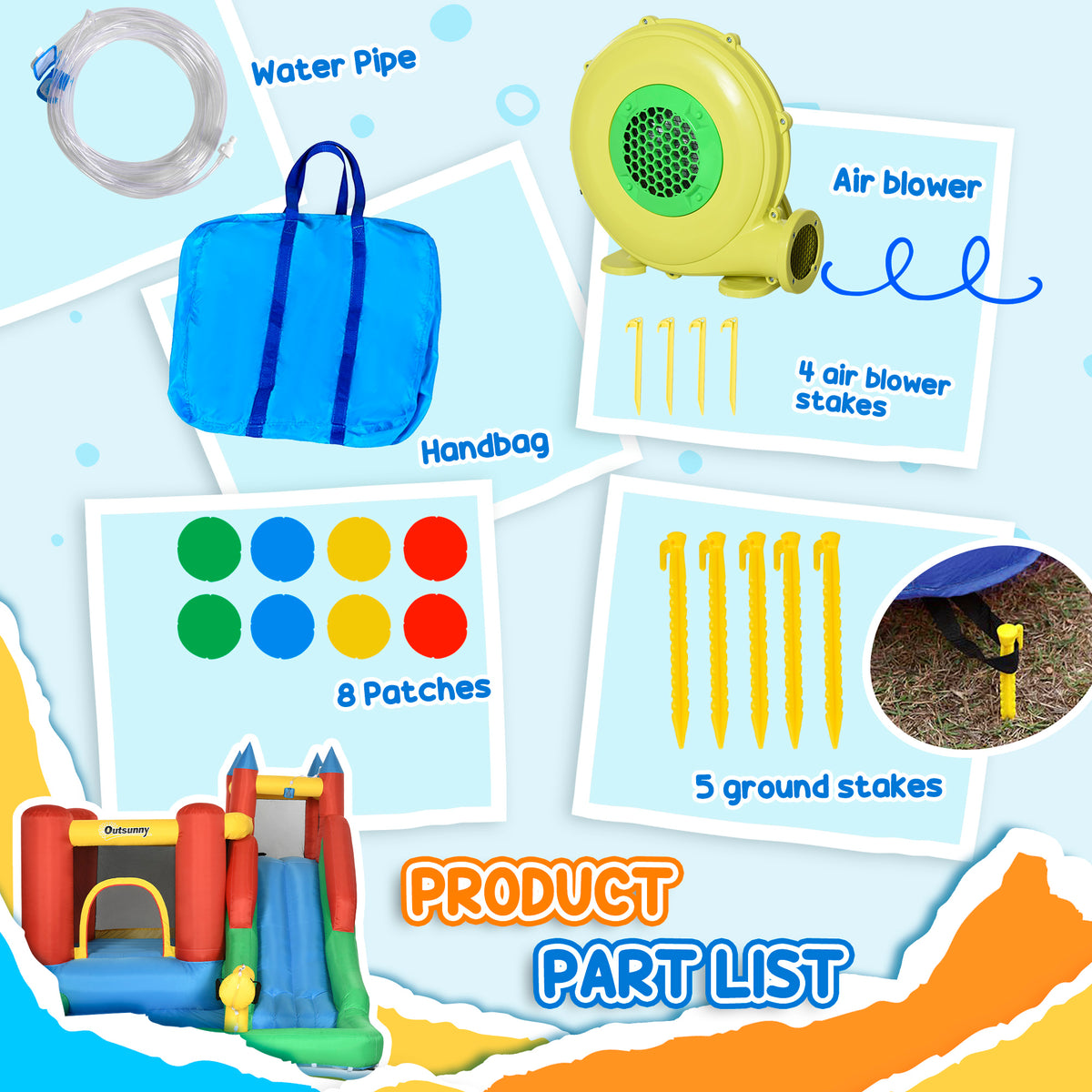 Inflatable bounce house accessory set with blower, hose, carry bag, patches and ground stakes