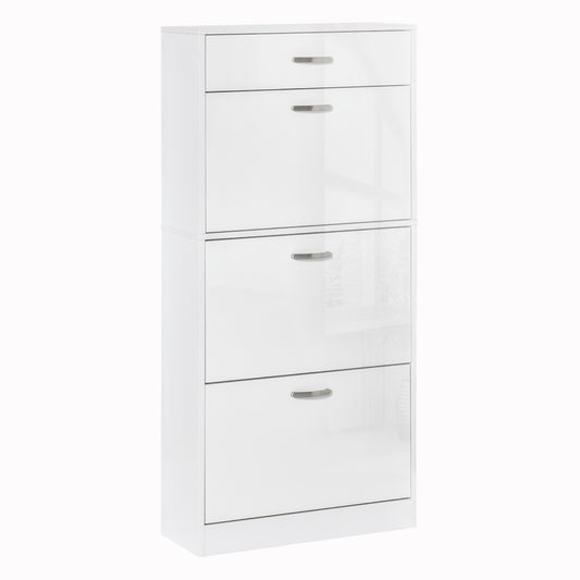 White shoe cabinet with one top drawer and three flip-down compartments.