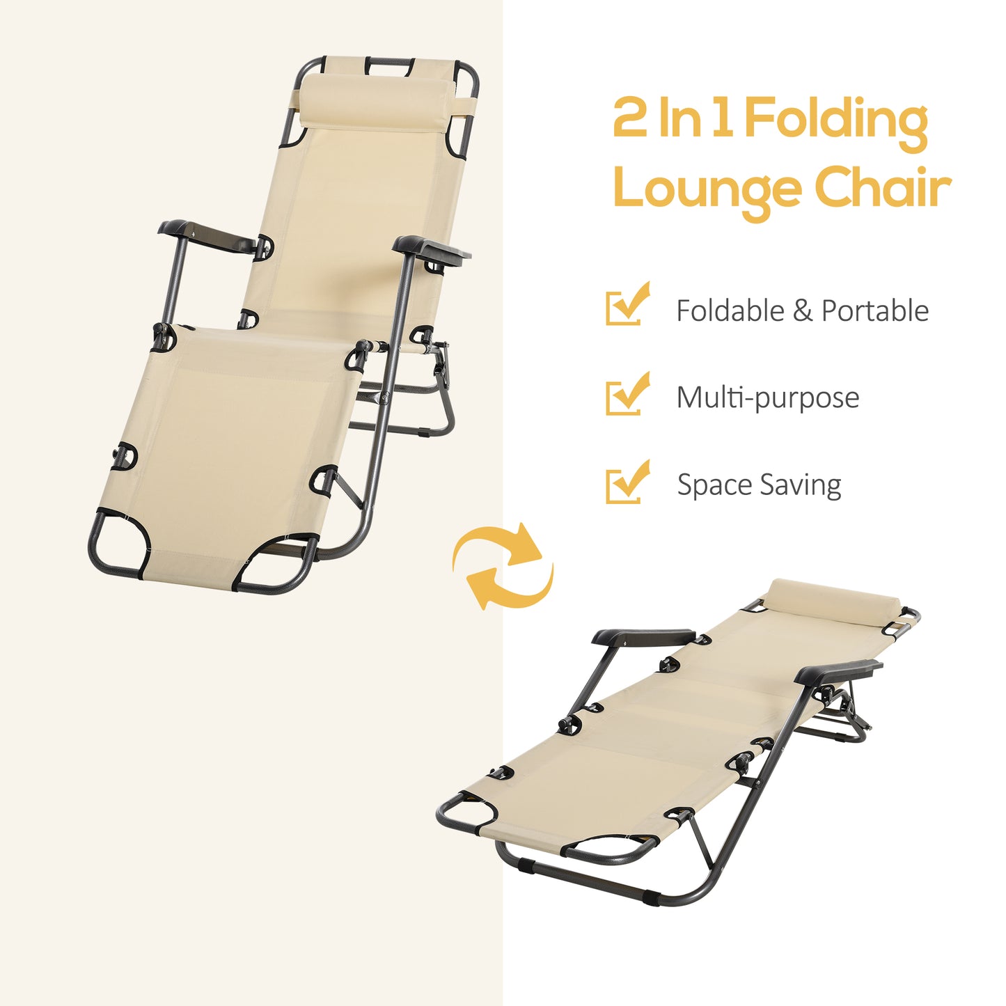 Outsunny 2 in 1 Folding Sun Lounger Reclining Garden Chair Set of 2 with 2-Level Adjustable Backrest, Outdoor Zero Gravity Recliner Garden Chairs with Head Pillow and Armrests, Beige