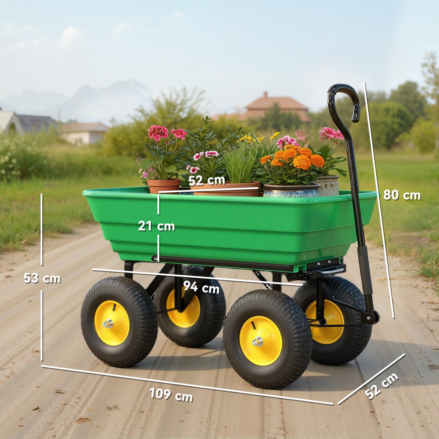 Outsunny 75 Litre Large Garden Cart, Tipping Wheelbarrows Heavy Duty Garden Dump Trolley 200kg Capacity for Festivals, Tools, Plants, Logs - Green