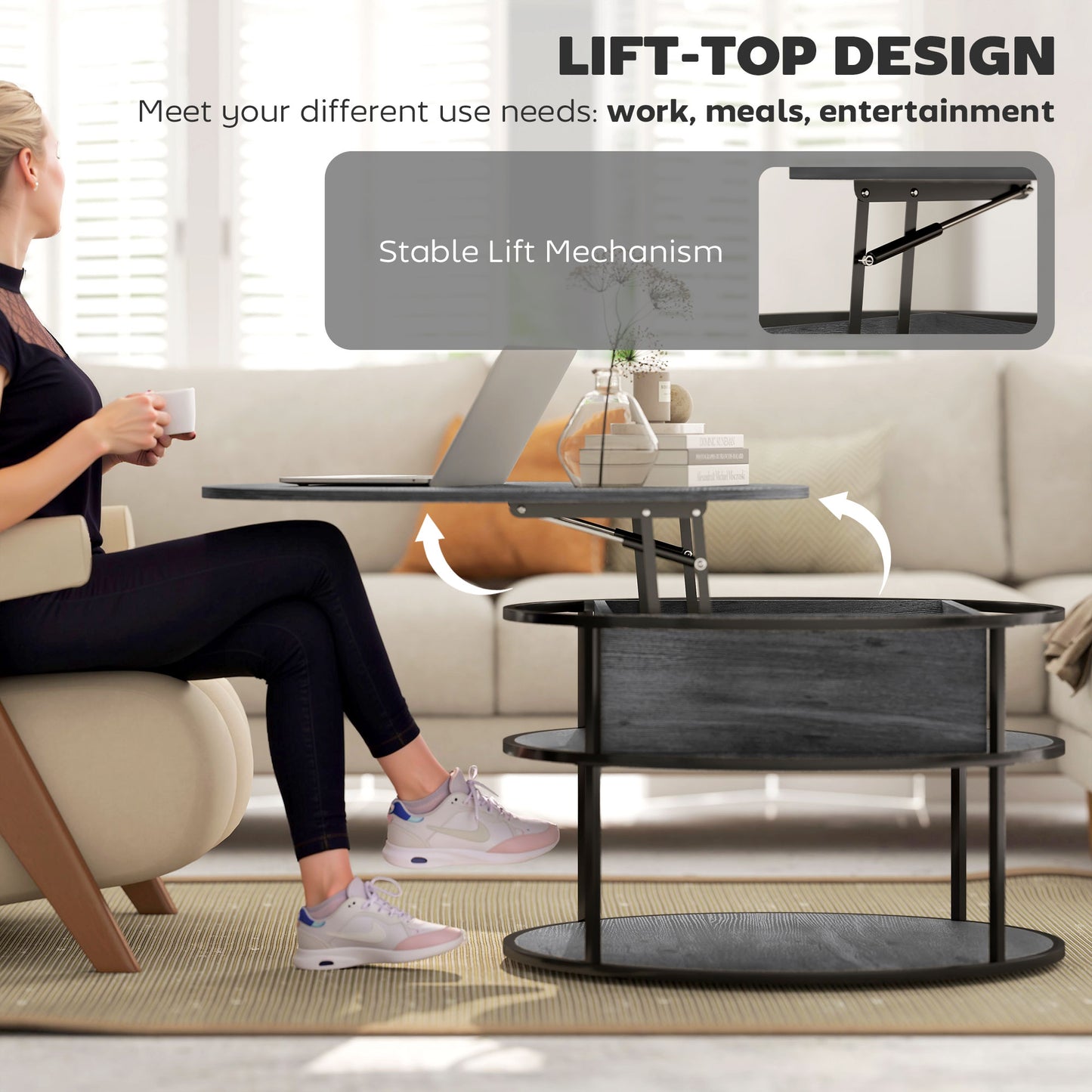 HOMCOM Lift Top Coffee Table, Round Coffee Table with Storage Shelf, Hidden Compartment and Steel Frame for Living Room, Home Office, Charcoal Grey
