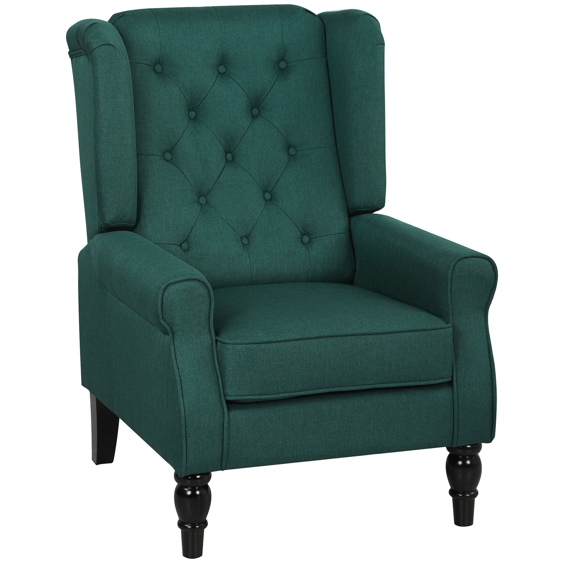 Photo of HOMCOM Wingback Accent Chair, Retro Upholstered Button Tufted Occasional Chair for Living Room and Bedroom, Dark Green in Green colour on a white background