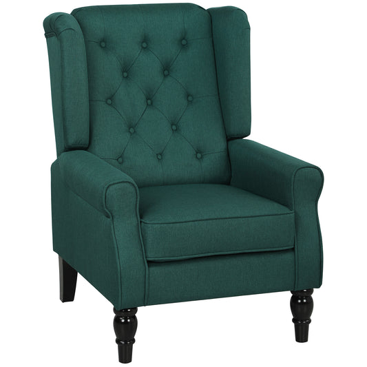 Photo of HOMCOM Wingback Accent Chair, Retro Upholstered Button Tufted Occasional Chair for Living Room and Bedroom, Dark Green in Green colour on a white background
