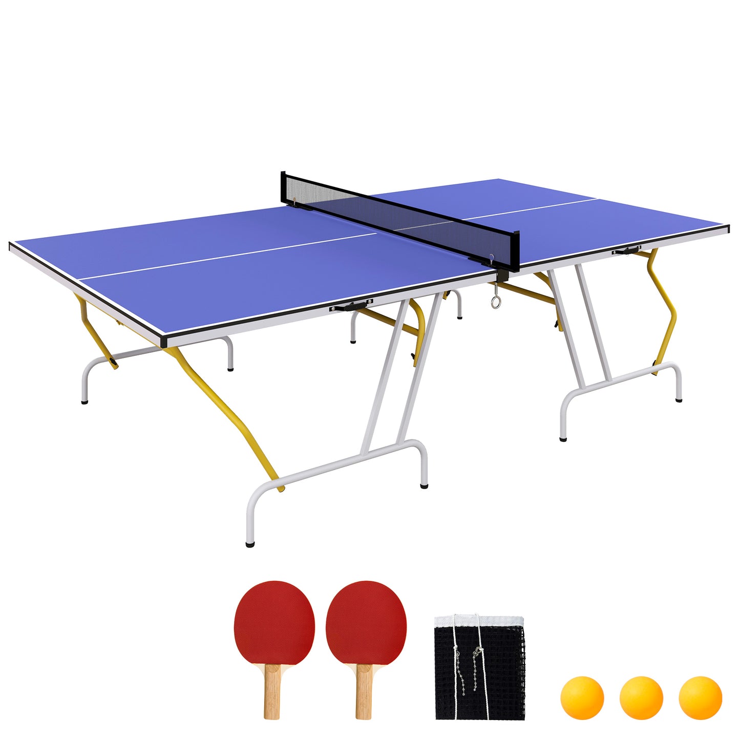 Photo of SPORTNOW 9FT Foldable Table Tennis Table, with Cover, Net, Paddles, Balls - Blue in Blue colour on a white background