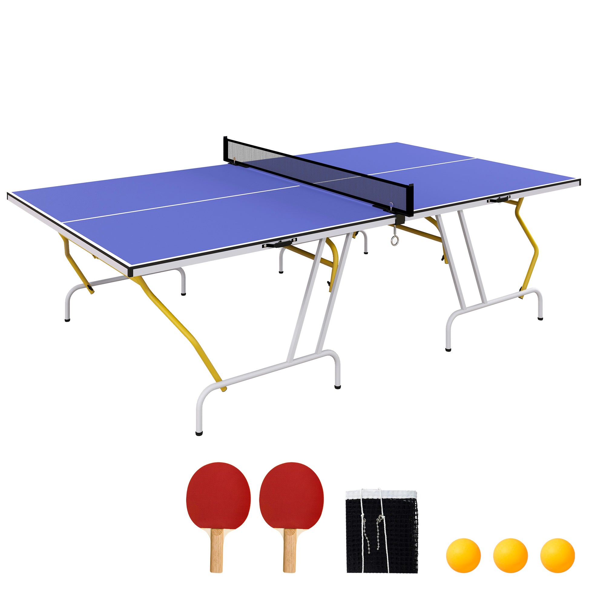 Photo of SPORTNOW 9FT Foldable Table Tennis Table, with Cover, Net, Paddles, Balls - Blue in Blue colour on a white background