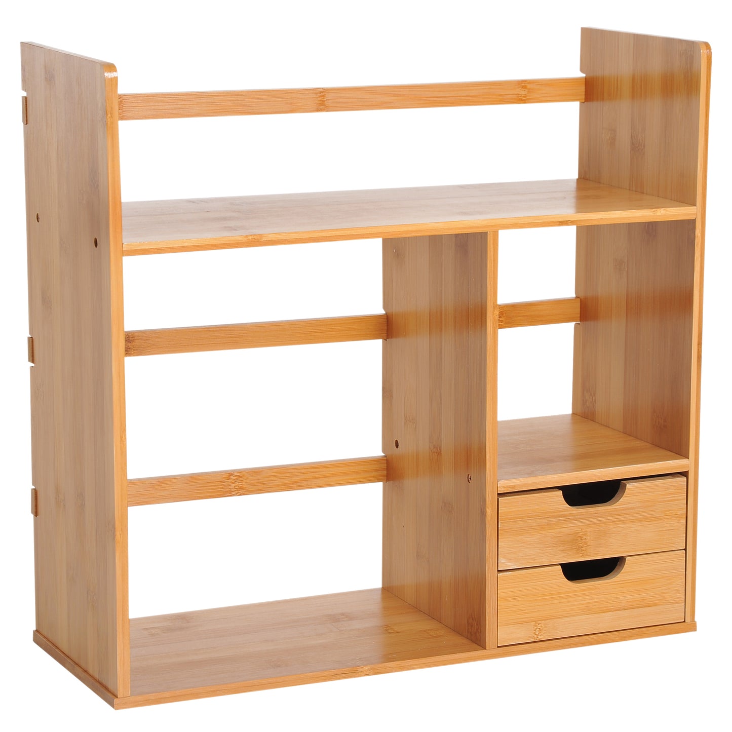 Photo of HOMCOM Desk Organiser Compartments Desktop Bookshelf Stationery Storage Shelf Document File Holder with 2 Drawers 2-way Reversed Use Bamboo in Bamboo colour on a white background