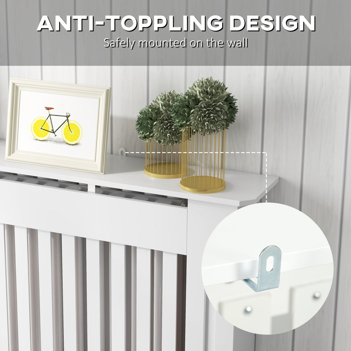 White slatted radiator cover with a wall-mount safety bracket detail