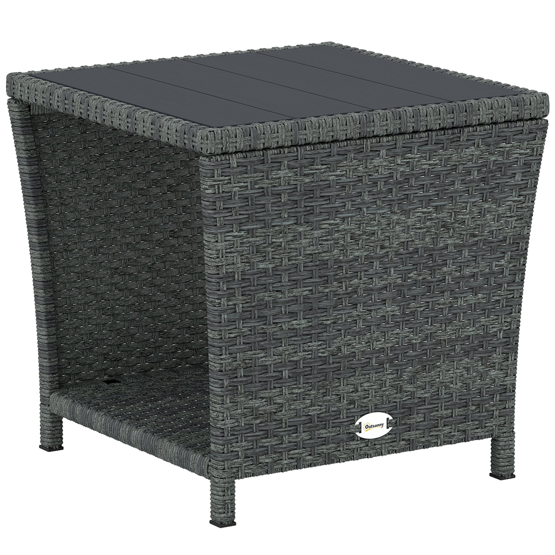 Photo of Outsunny Side Table 2-Tier Outdoor Coffee Table with Storage Shelf PS Wood Slat Top/Grey in Top/Grey colour on a white background