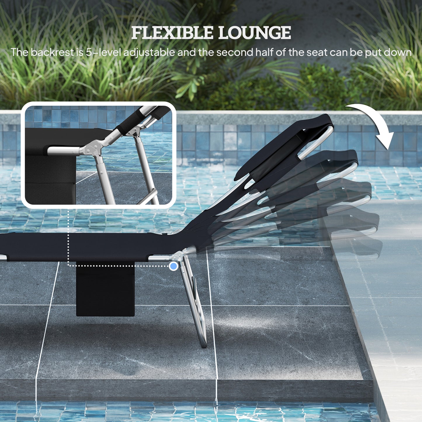Outsunny 5-Position Adjustable Sun Loungers Set of 2 with Reading Hole and Side Pocket, Black