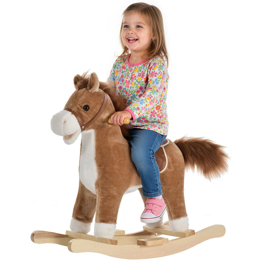 Brown plush rocking horse with a child riding it, shown with wooden rockers