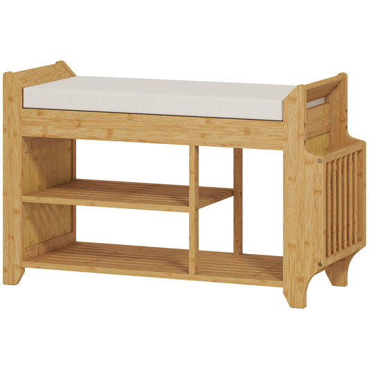 Photo of HOMCOM Shoe Bench 2-Tier Boot Section Entryway Storage Bench Cushioned Seat 80 x 30 x 50 cm Natural and Cream in Cream colour on a white background