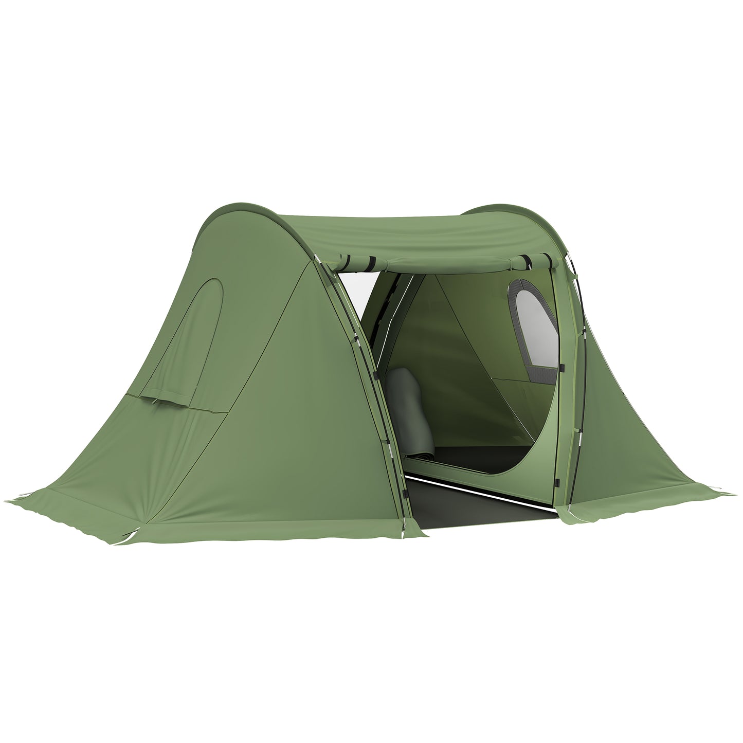 Photo of Outsunny 3 Man Camping Tent with Living Area and 2 Bedrooms, 3000mm Waterproof Family Tent with Sewn-in Groundsheet and bag, Portable Dome Shelter  for Hiking, Festival, Backpacking, Green in Green colour on a white background