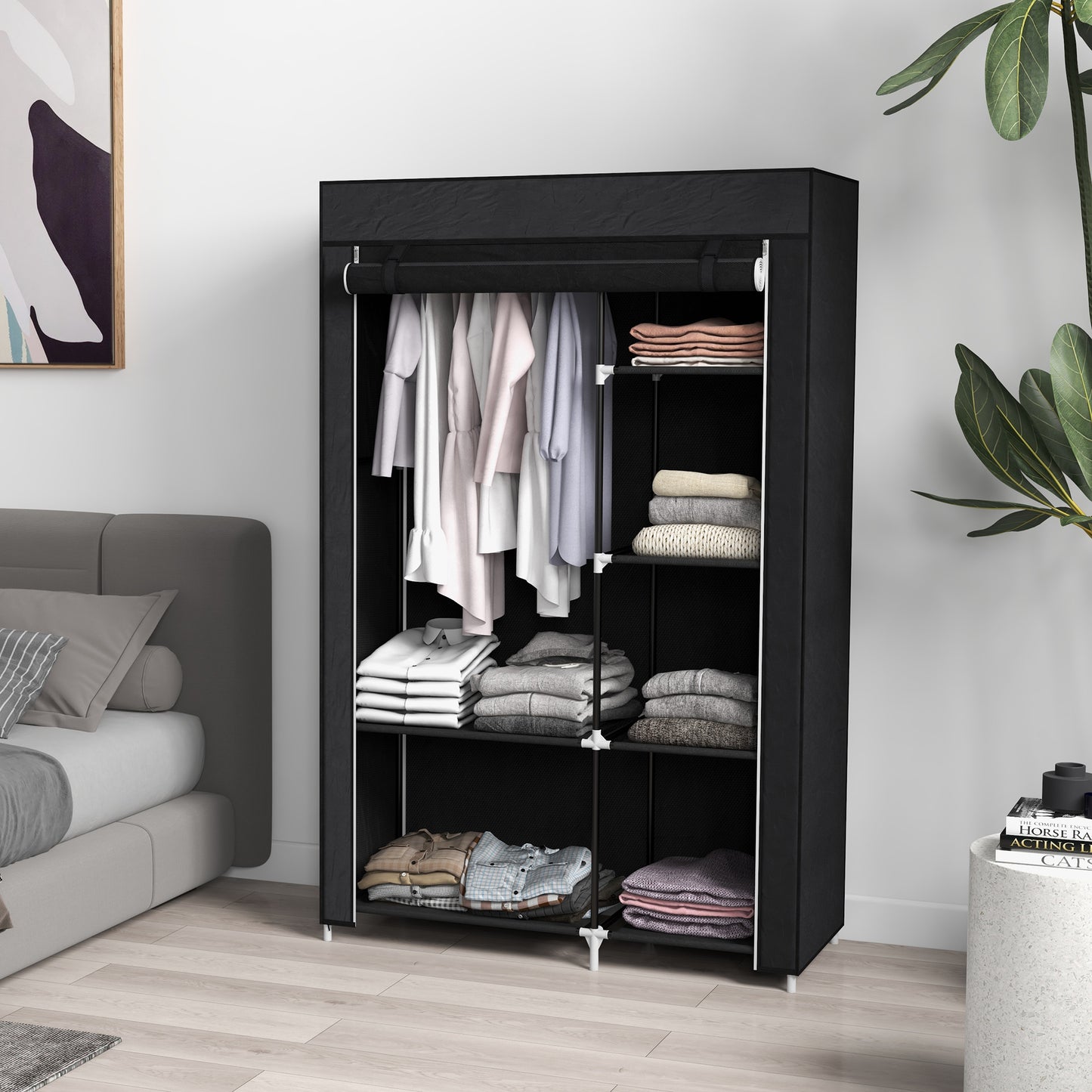 HOMCOM Fabric Wardrobe w/ Shelves Hanging Rail Foldable Wardrobe Black