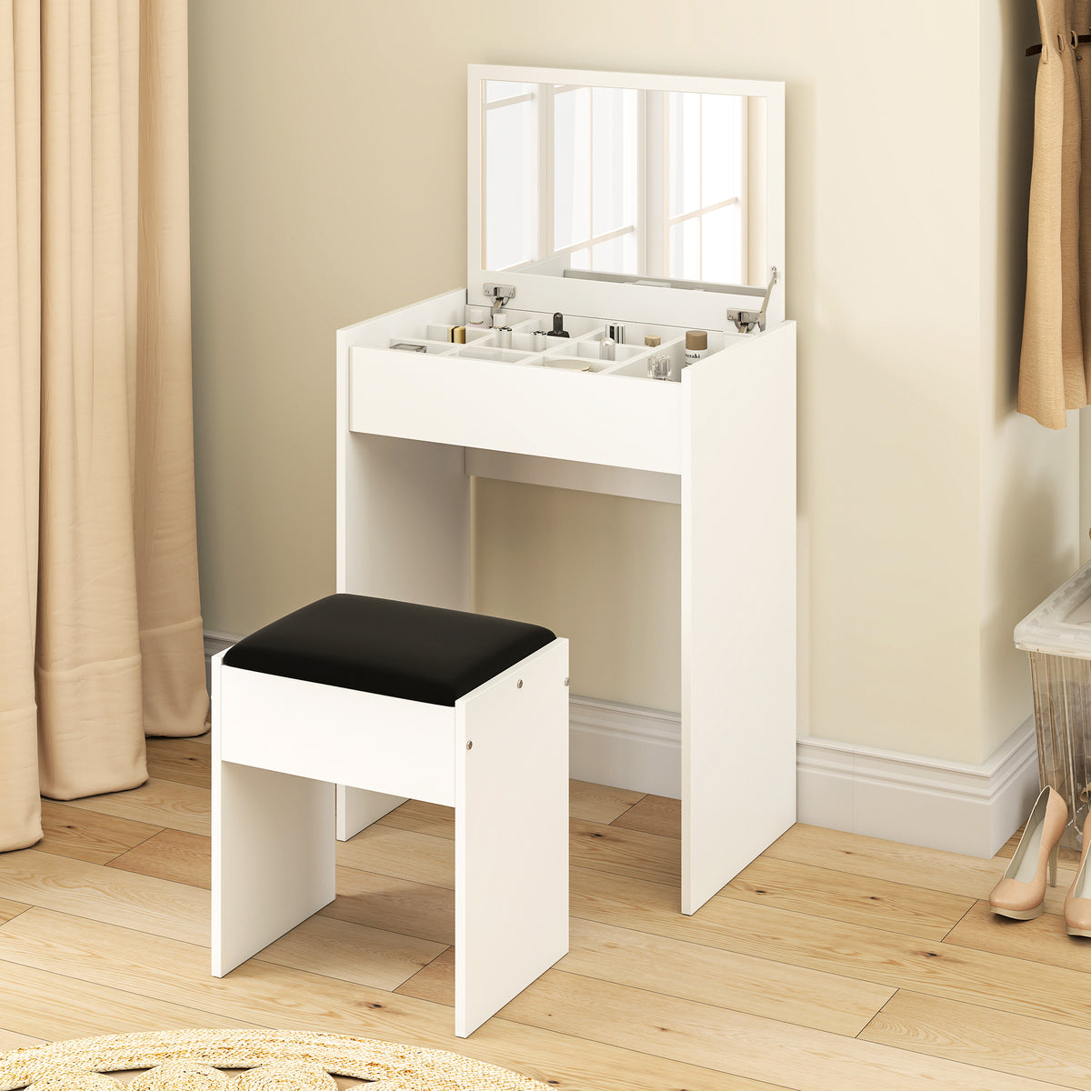 White vanity set with flip-up mirror, divided top storage, and black padded stool