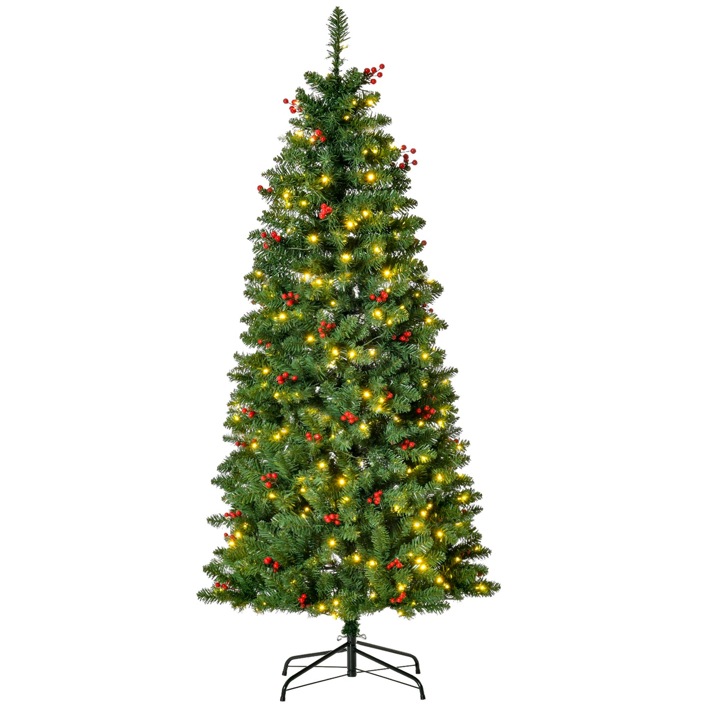 Photo of HOMCOM 5FT Prelit Artificial Pencil Christmas Tree with Warm White LED Light, Red Berry, Holiday Home Xmas Decoration, Green in Green colour on a white background