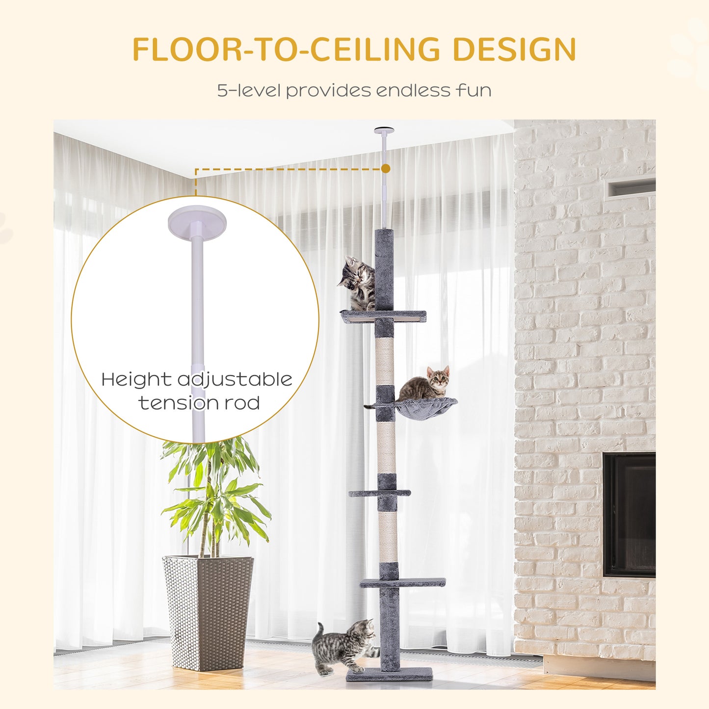 PawHut Floor to Ceiling Cat Tree 230-260cm Height Adjustable, 5-Tier Cat Tower with Scratching Posts, Hammock, Perches, Climbing Activity Centre for Indoor Kittens Playing and Relaxing, Grey