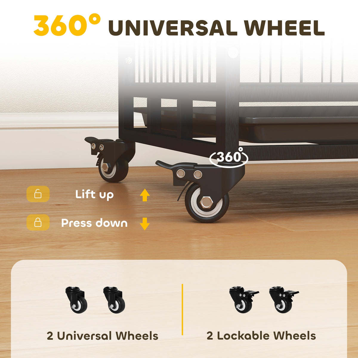 Close-up of the crate's swivel caster wheels, including lockable wheels