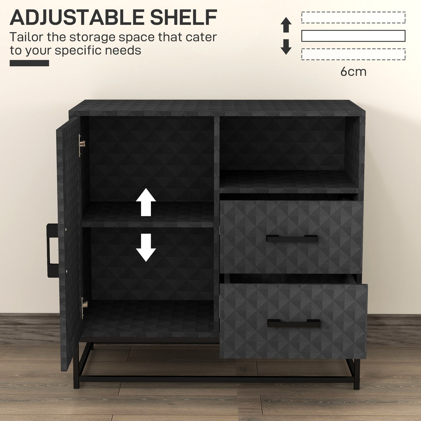 HOMCOM Sideboard with Adjustable Shelf, Freestanding Sideboard Storage Cabinet with Open Compartment and 2 Drawers, Black