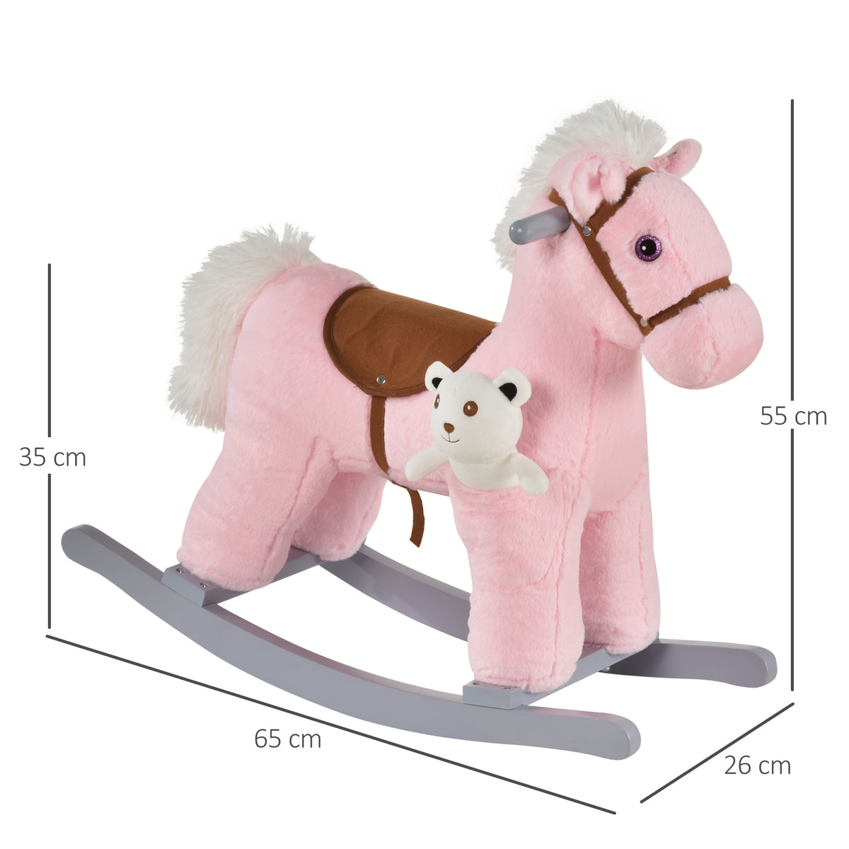 Pink plush rocking horse with attached bear doll; measures 65 cm long and 55 cm tall