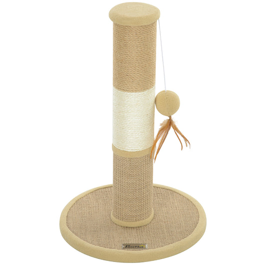 Photo of PawHut Cat Scratching Post for Indoor Cats, 47cm Tall Cat Scratcher with Jute Sisal Rope, Hanging Toy Ball, Feather, Brown in Brown colour on a white background