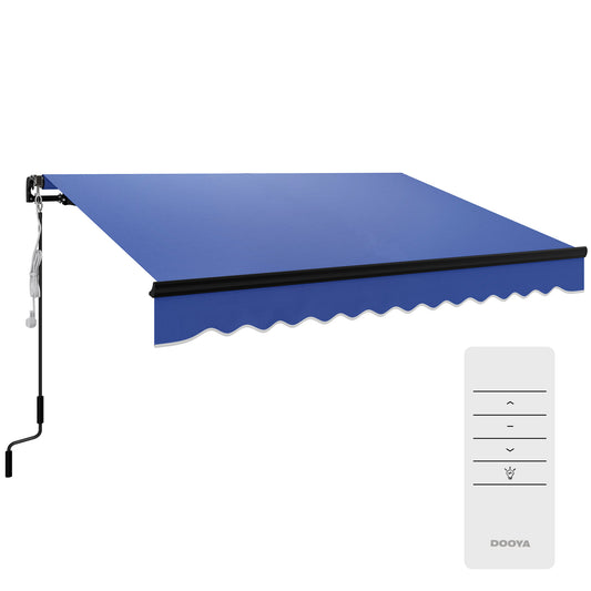 Photo of Outsunny 3 x 2.5m Electric Awning with LED Light and Remote Controller, Aluminium Frame DIY Retractable Awning, UV50+ Sun Shade Canopy for Garden Patio Deck Door Window, Blue in Blue colour on a white background