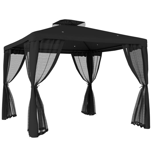 Photo of Outsunny 3 x 3 m Metal Gazebo, Garden Pavillion, Double Roof Outdoor Canopy Shelter with Mesh Sidewalls, Black in Black colour on a white background