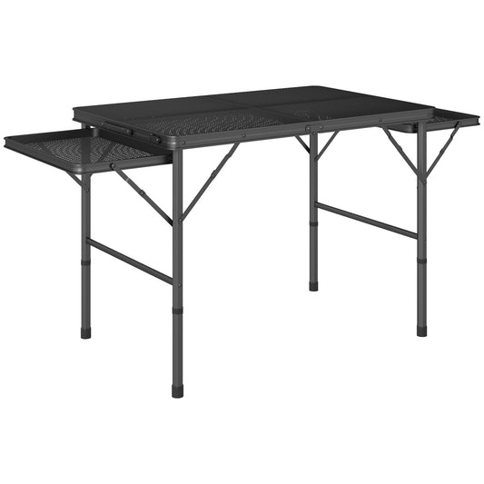 Photo of Outsunny Folding Grill Table, 4.5ft Portable Camping Table with 2 Wing Panels, Height Adjustable Metal Picnic Table for Camping, Picnic and BBQ, Black in Black colour on a white background