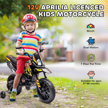 AIYAPLAY Aprilia kids' electric motorbike with training wheels, shown with a child rider