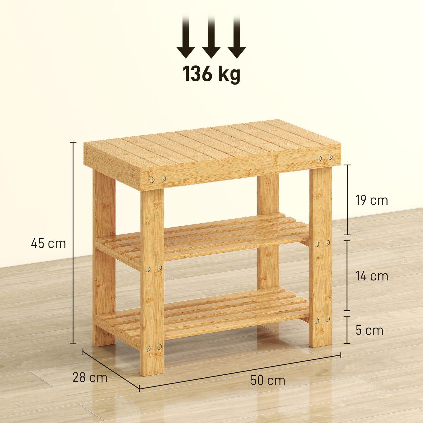 HOMCOM Two Shelf Bamboo Shoe Storage Bench - Natural Finish