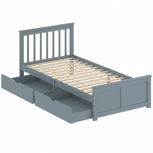 Photo of HOMCOM Pine Storage Bed, 3ft Single Solid Wooden Bed Frame with Drawers, Headboard, Wood Slat Support, Grey in Grey colour on a white background