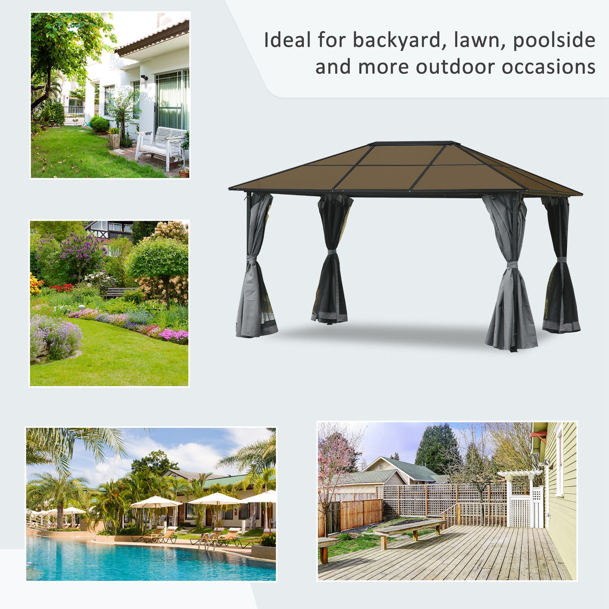 Outsunny hardtop gazebo with brown roof and tied gray curtains for outdoor use