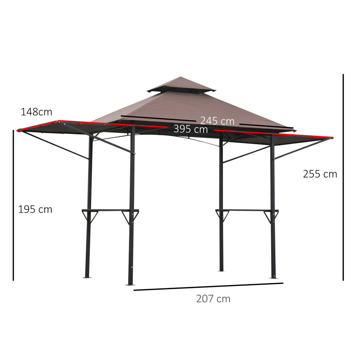 Outsunny grill gazebo with side awnings and dimensions marked