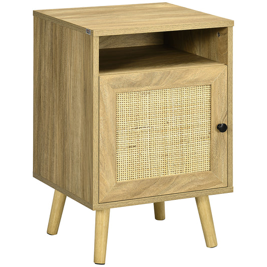 Photo of HOMCOM Bedside Table with Rattan Element, Side End Table with Shelf and Cupboard, 39cmx35cmx60cm, Natural in Natural colour on a white background