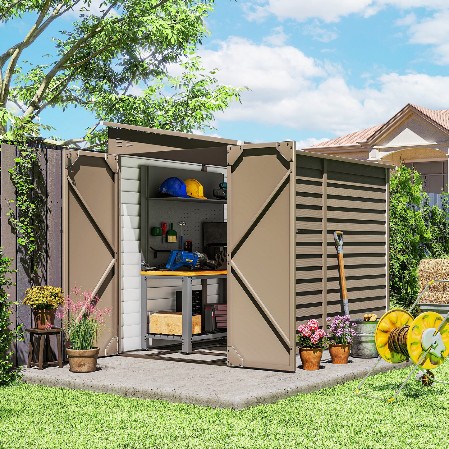 Outsunny 5 x 9ft Galvanised Metal Garden Shed with Foundation Kit, Outdoor Lean-to Shed, Tool Storage House for Garden, Brown