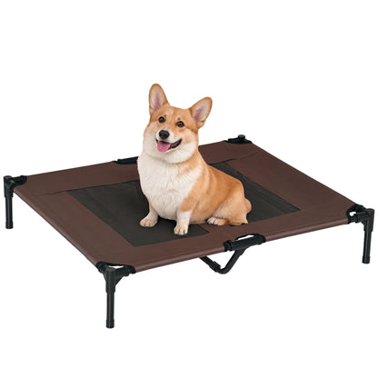 Brown elevated mesh dog cot with black frame, shown with a seated Corgi