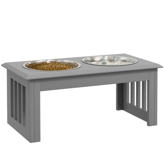 Photo of PawHut Raised Dog Feeding Bowls with Stand, Stainless Steel for Medium Dog, 58L x 31W x 25H cm - Grey in Grey colour on a white background