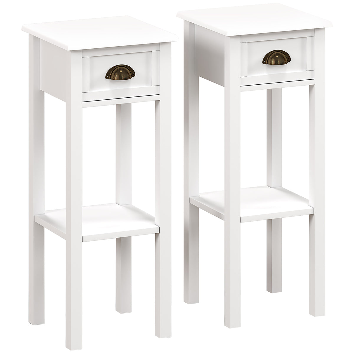 Set of two white side tables with drawers, lower shelves, and bronze-tone cup pulls